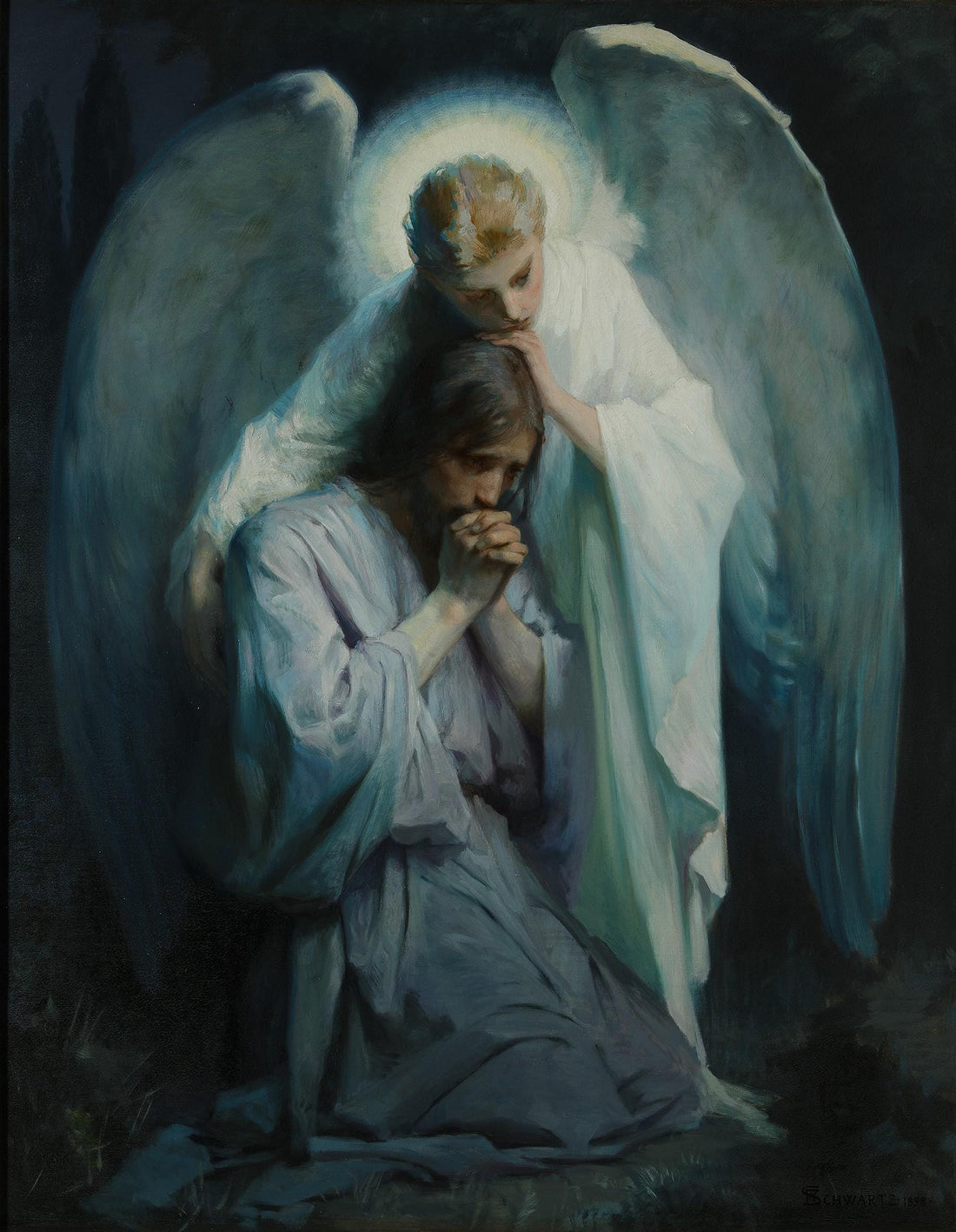 Angel and Jesus Gethsemene Art Print: Frans Schwartz, Vintage Golden Frame and Brush Strokes FOSHE ART