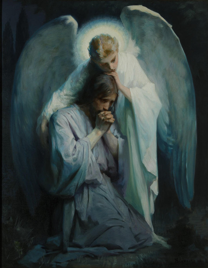 Angel and Jesus Gethsemene Art Print: Frans Schwartz, Vintage Golden Frame and Brush Strokes FOSHE ART
