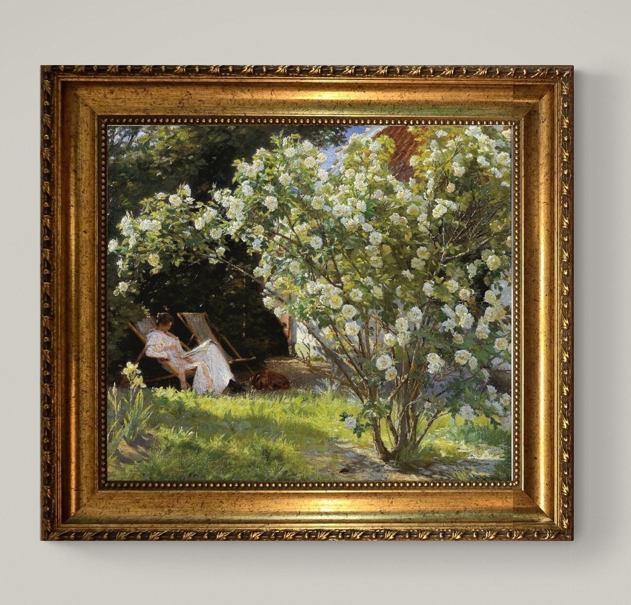 Roses by Kroyer, Print on canvas with Brush Strokes and Vintage Golden Frame and FOSHE ART