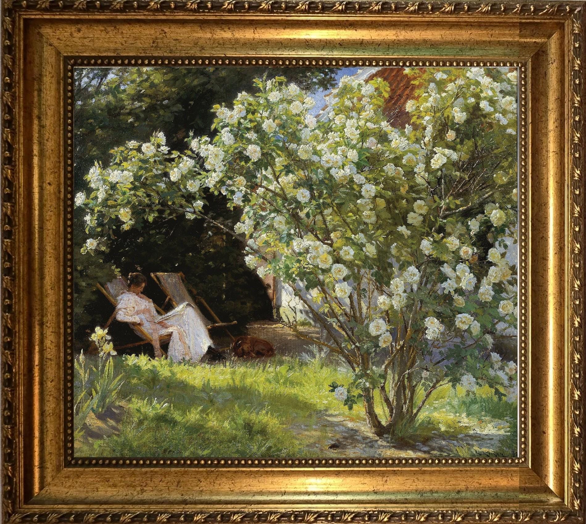 Roses by Kroyer, Print on canvas with Brush Strokes and Vintage Golden Frame and FOSHE ART