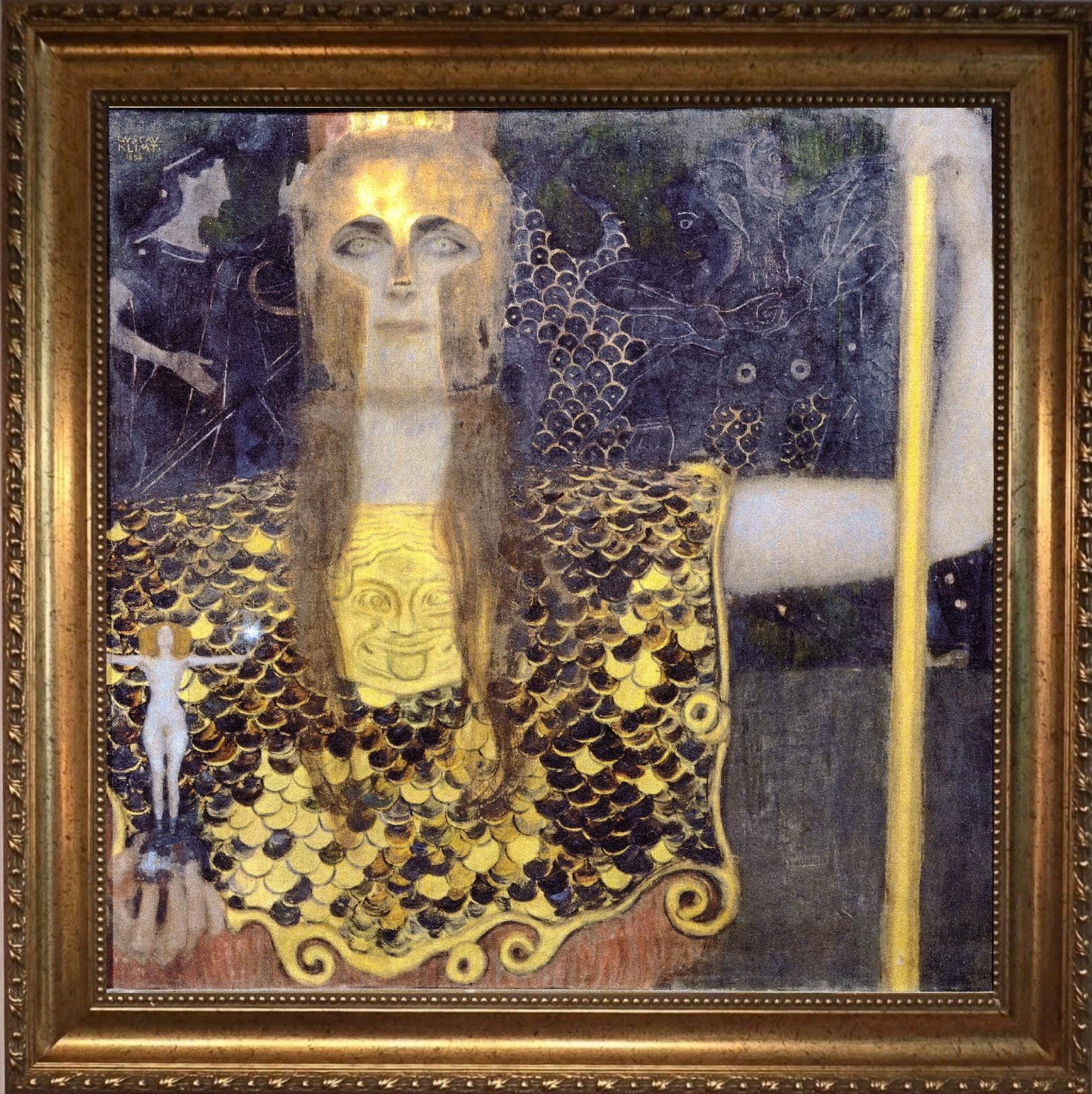Gustav Klimt Pallas Athena Canvas Print: Hand-Textured, Golden Vintage Frame FOSHE ART