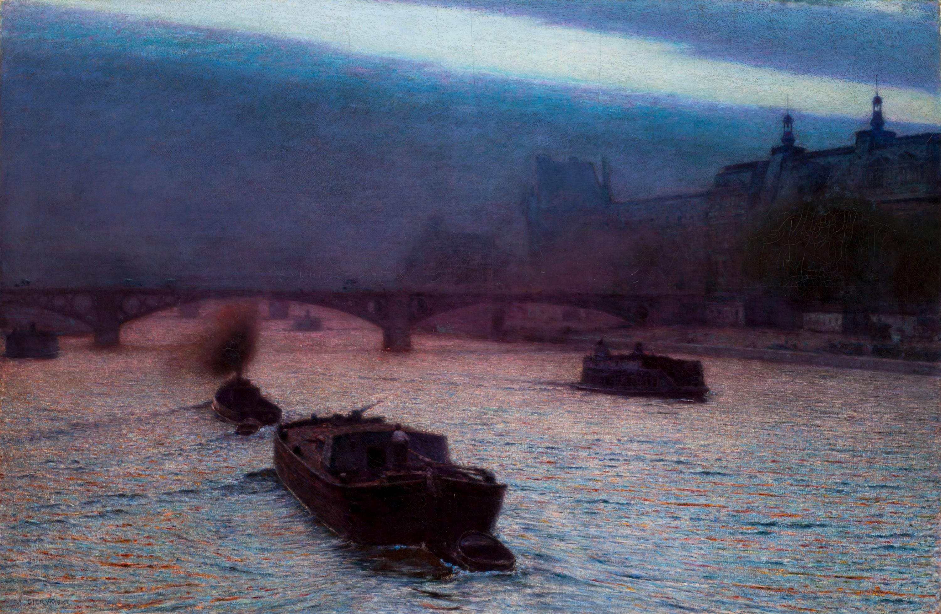 Evening on the Seine Canvas Art Print: Aleksander Gierymski- Gold Frame and Brush Strokes FOSHE ART