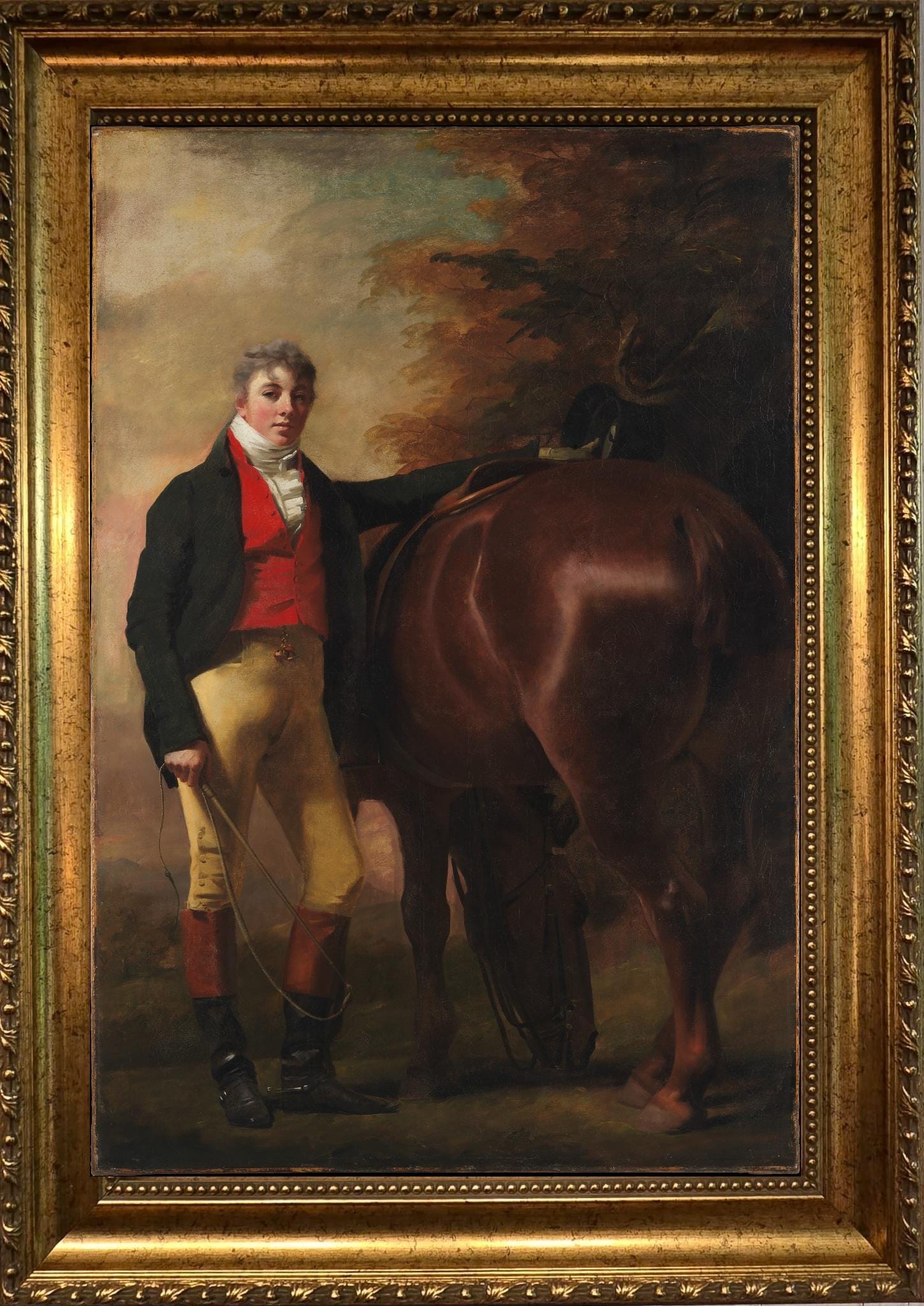 Victorian Hunting Scene Canvas Art Print, Golden Frame, Brush Strokes FOSHE ART