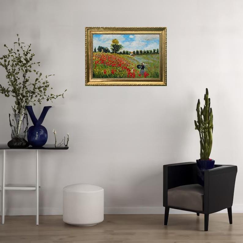 Monet Poppy Field Canvas Print: Vintage Gold Frame, Brush Stroke Texture FOSHE ART