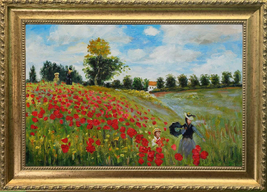Monet Poppy Field Canvas Print: Vintage Gold Frame, Brush Stroke Texture FOSHE ART