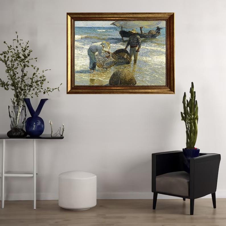 Valencian Fishermen, Joaquin Sorolla – Vintage Golden Frame and Brush Strokes FOSHE ART
