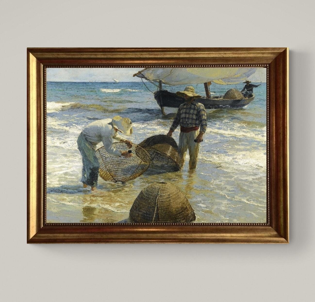 Valencian Fishermen, Joaquin Sorolla – Vintage Golden Frame and Brush Strokes FOSHE ART