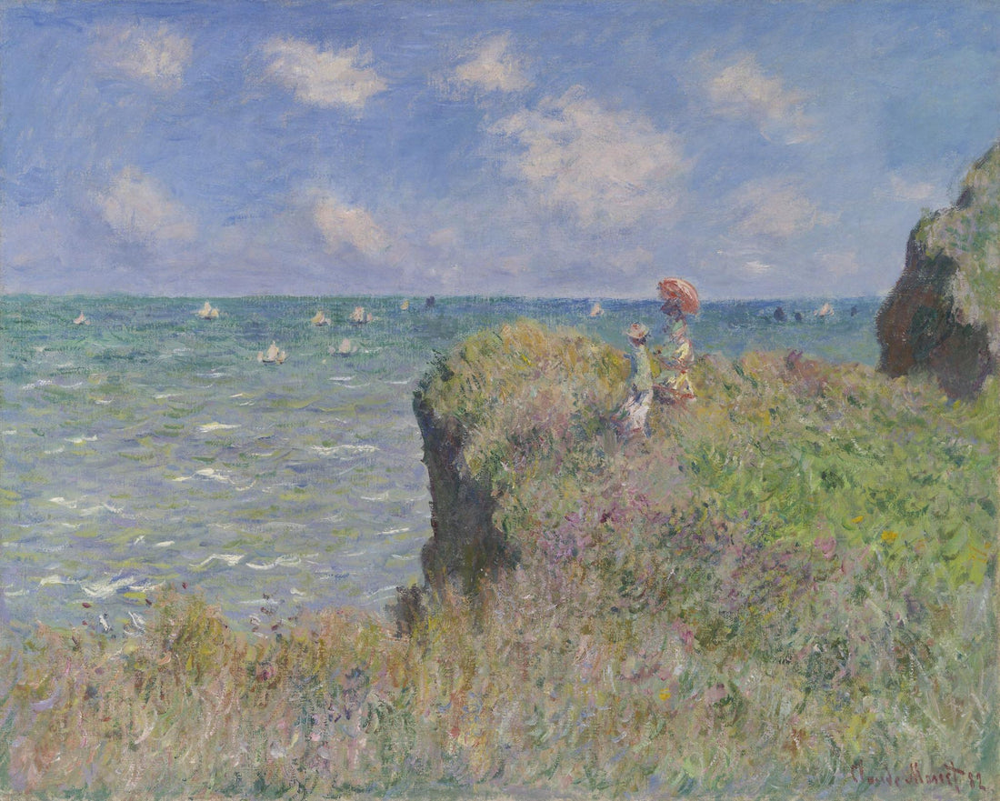 Monet Cliff Walk at Pourville, Canvas Print: Brush Strokes, Golden Vintage Frame FOSHE ART