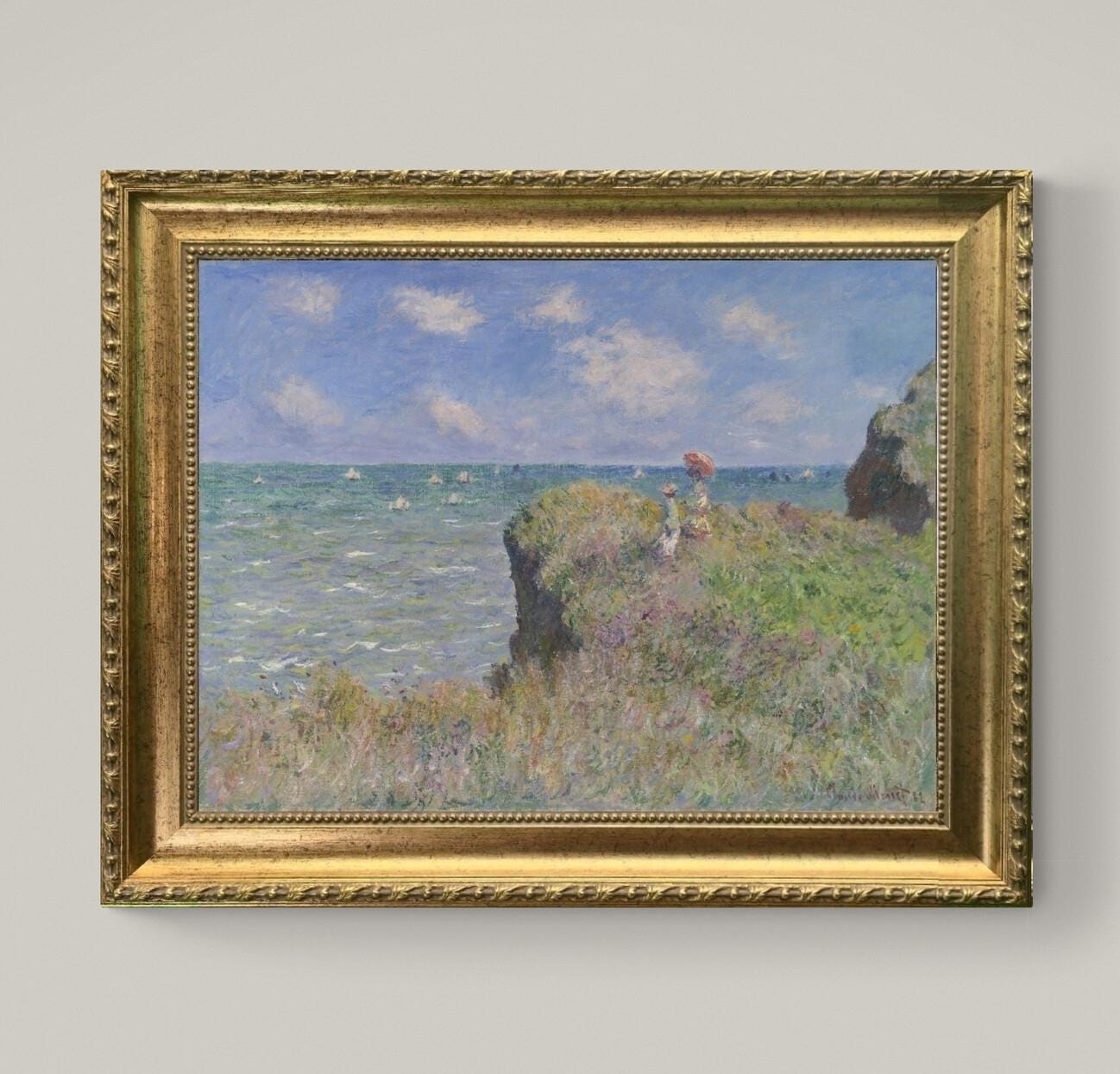 Monet Cliff Walk at Pourville, Canvas Print: Brush Strokes, Golden Vintage Frame FOSHE ART