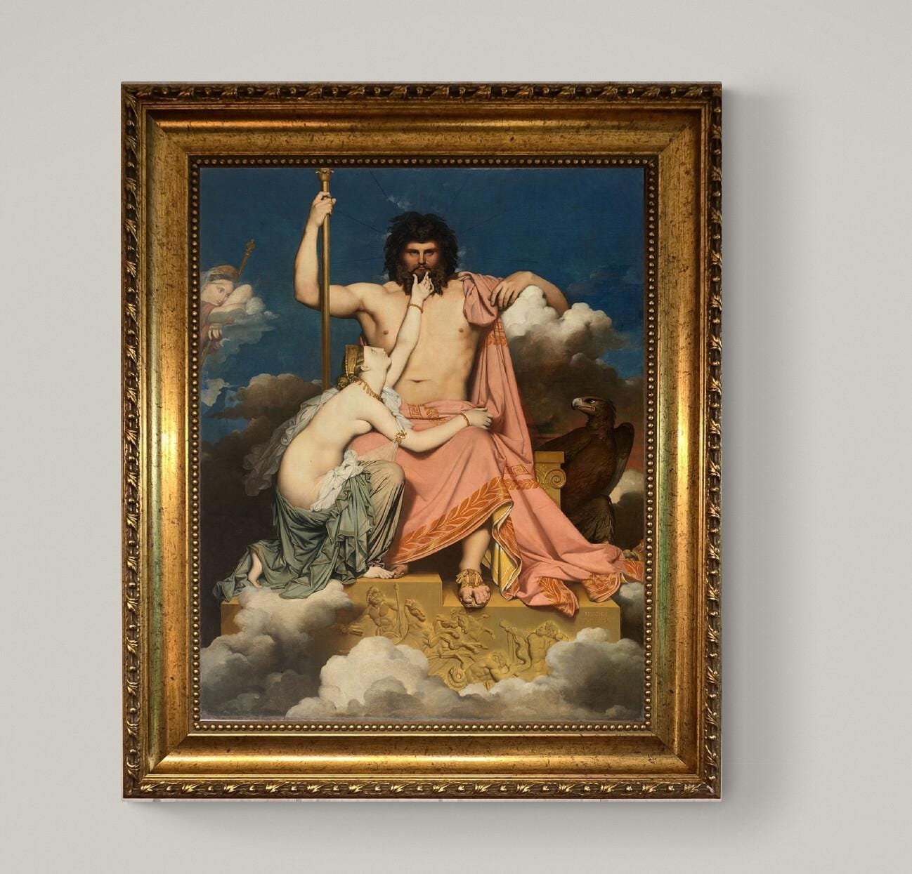 Zeus and Thetis by Ingres, Canvas Print with Brush Strokes, Vintage Golden Frame FOSHE ART