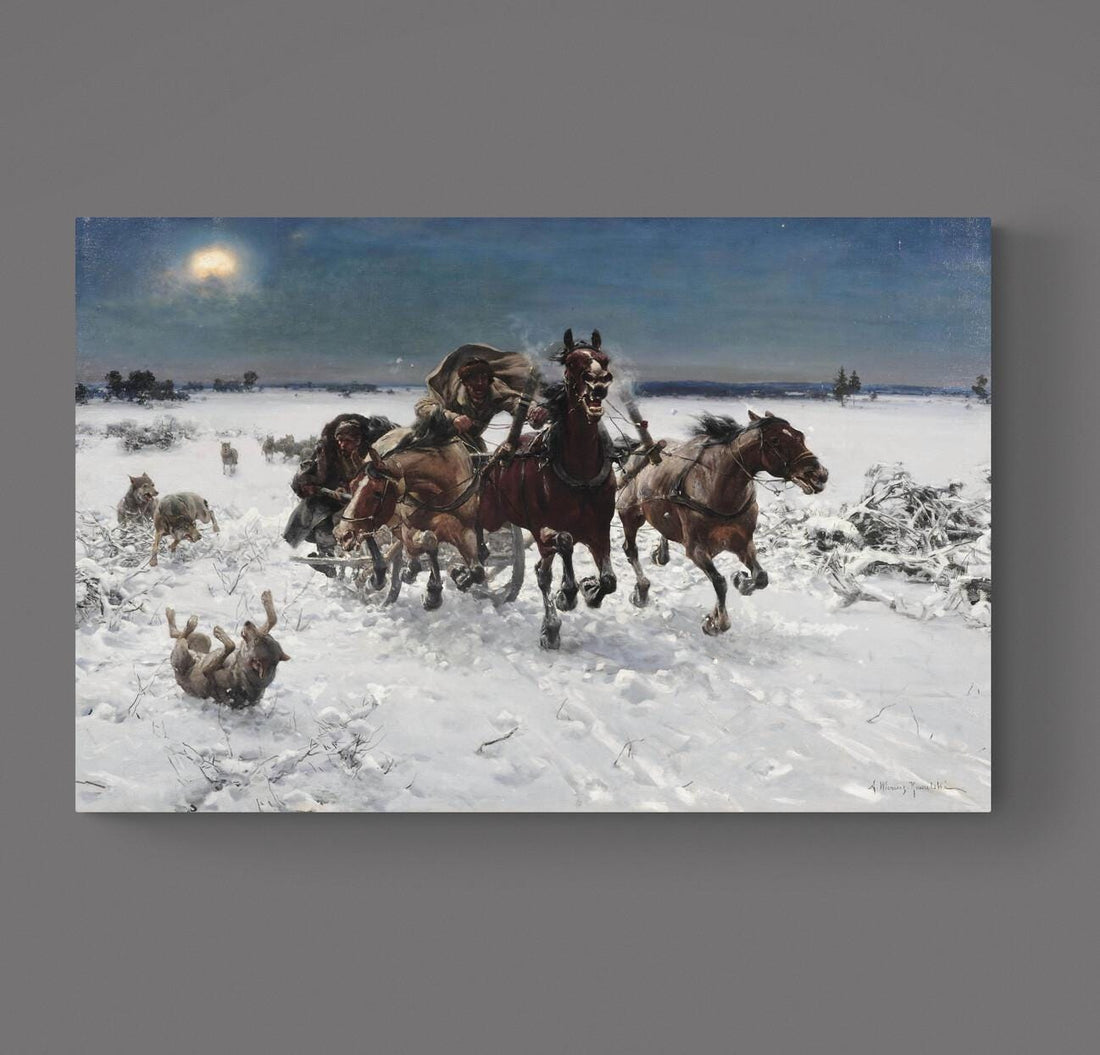 Troika pursued by wolves, Alfred Wierusz Kowalski print on Canvas, Brush strokes FOSHE ART