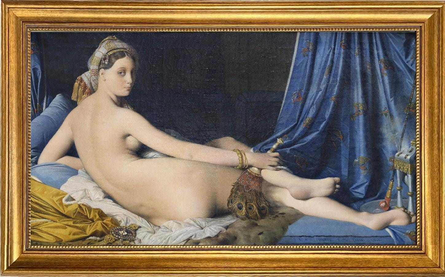 La Grande Odalisque Canvas Print: Ingres Art in Golden Vintage Frame, Brush strokes FOSHE ART