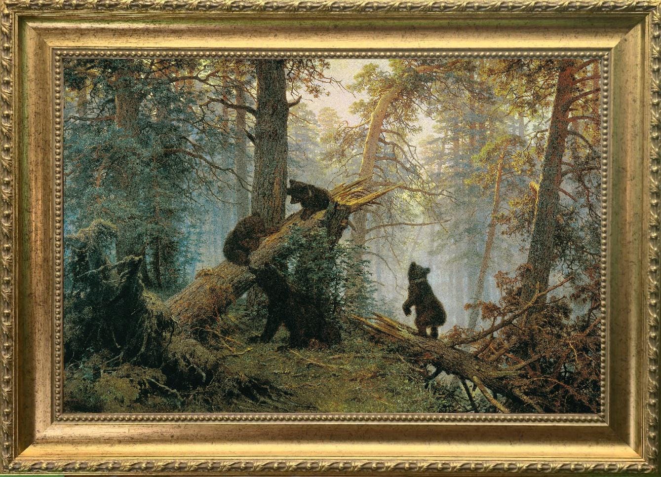 Morning in a Pine Forest by Ivan Shishkin, Canvas Print, Golden Frame, Textured Brushstrokes FOSHE ART