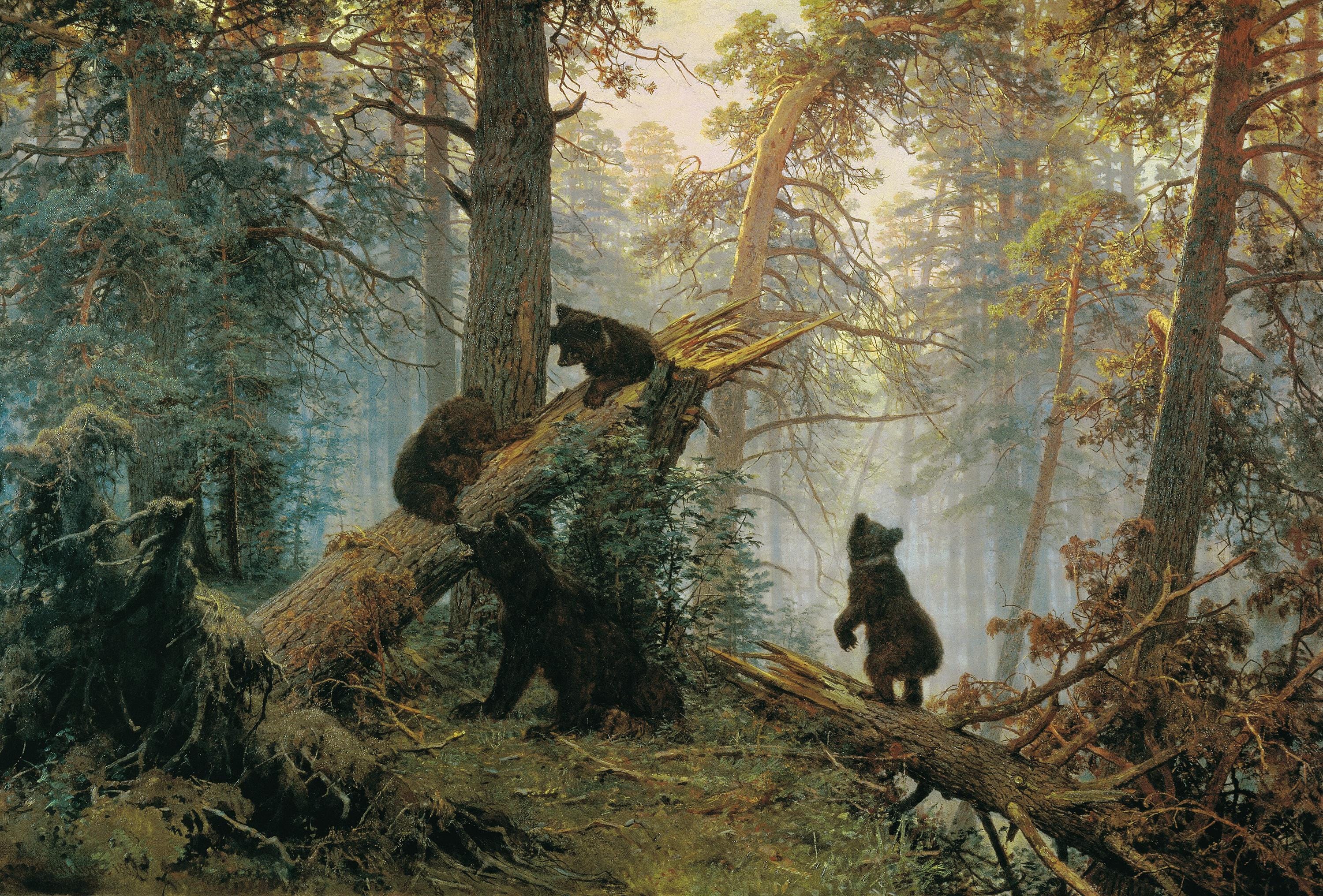 Morning in a Pine Forest by Ivan Shishkin, Canvas Print, Golden Frame, Textured Brushstrokes FOSHE ART