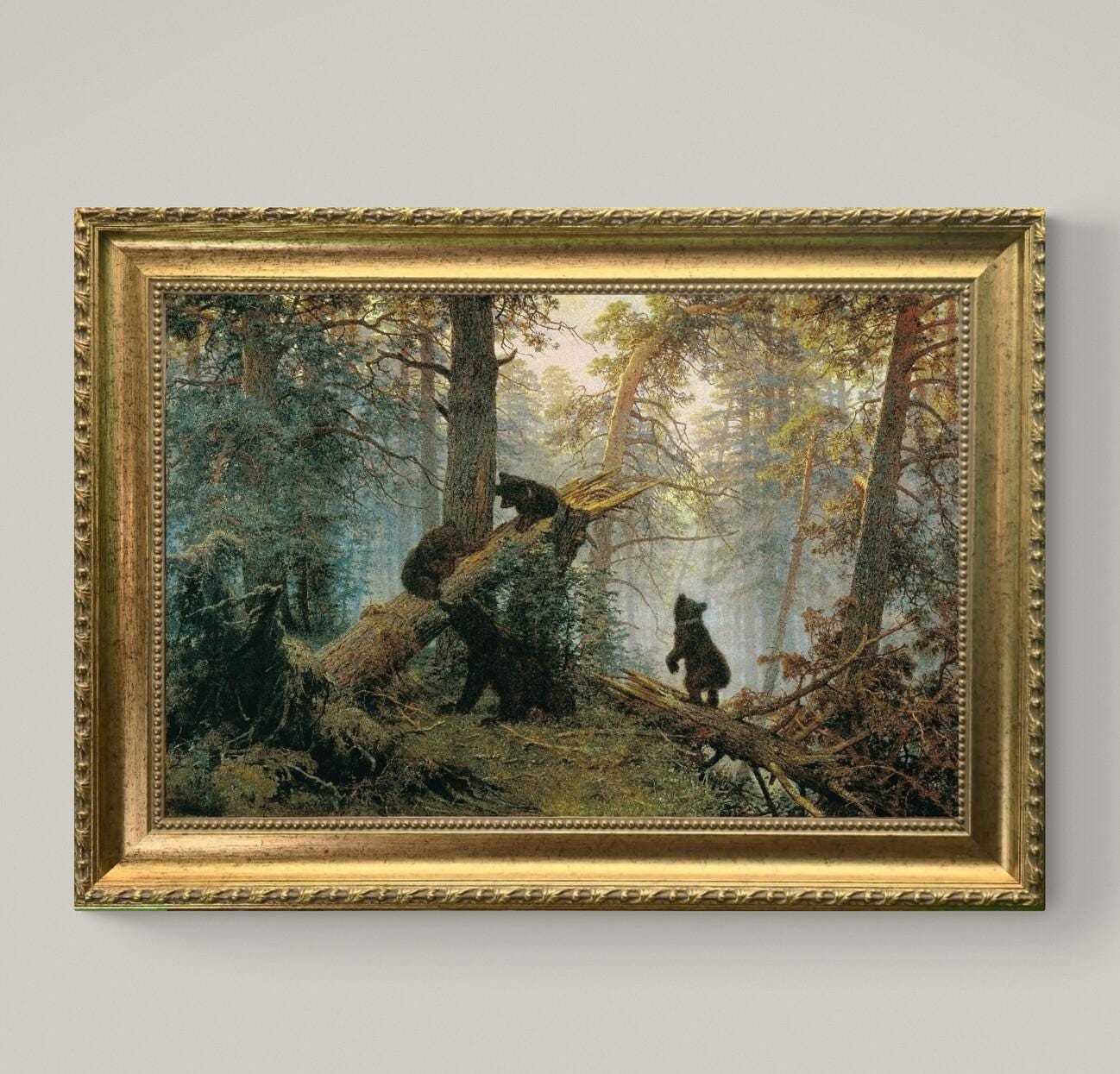 Morning in a Pine Forest by Ivan Shishkin, Canvas Print, Golden Frame, Textured Brushstrokes FOSHE ART