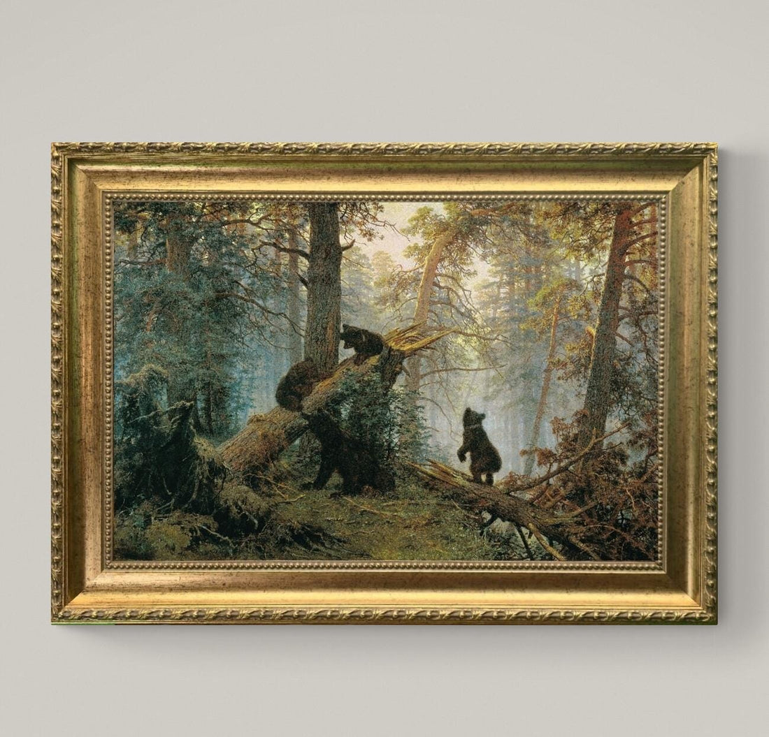 Morning in a Pine Forest by Ivan Shishkin, Canvas Print, Golden Frame, Textured Brushstrokes FOSHE ART