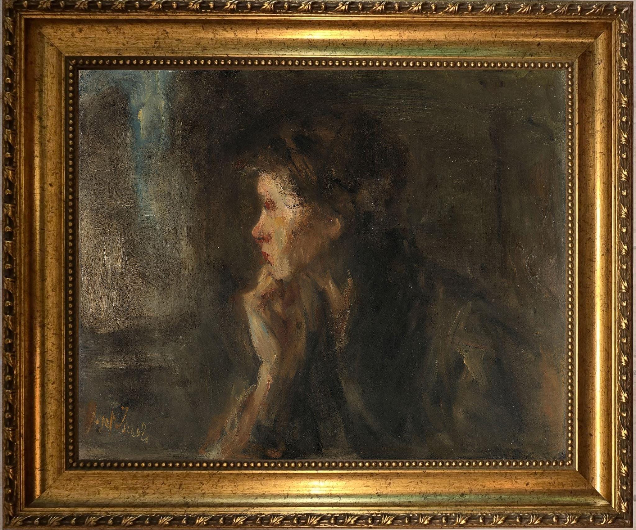 Jozef Israëls Contemplation art print on Canvas, Brush strokes and Vintage Gold Frame FOSHE ART