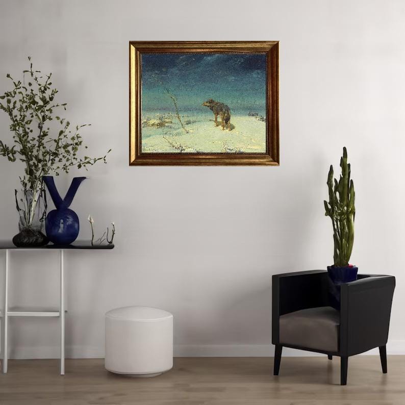 Lone wolf A.W. Kowalski art print on Canvas, Brush strokes and Vintage Gold Frame FOSHE ART