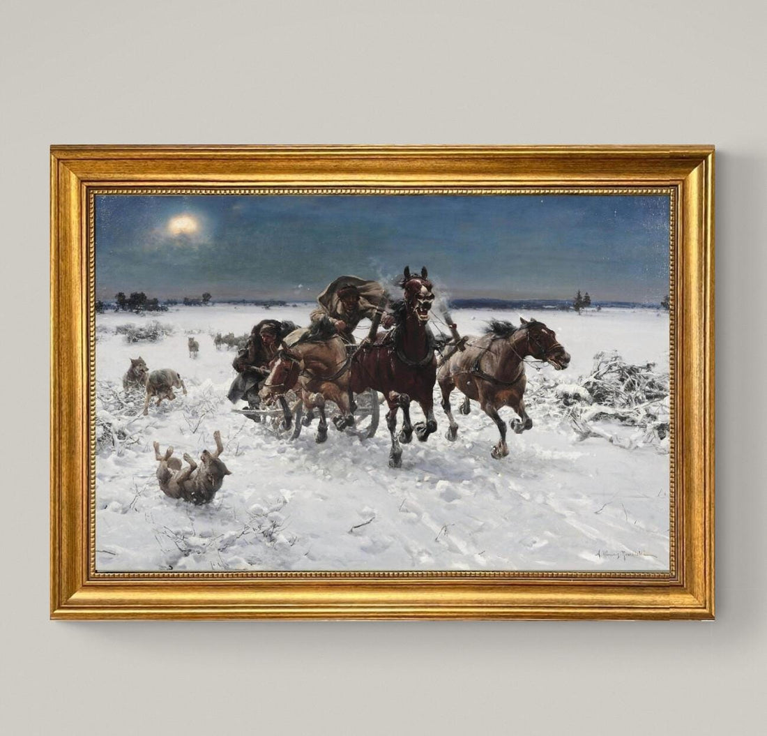 Troika pursued by wolves, A.W. Kowalski print on Canvas, Brush strokes and Vintage Gold Frame FOSHE ART