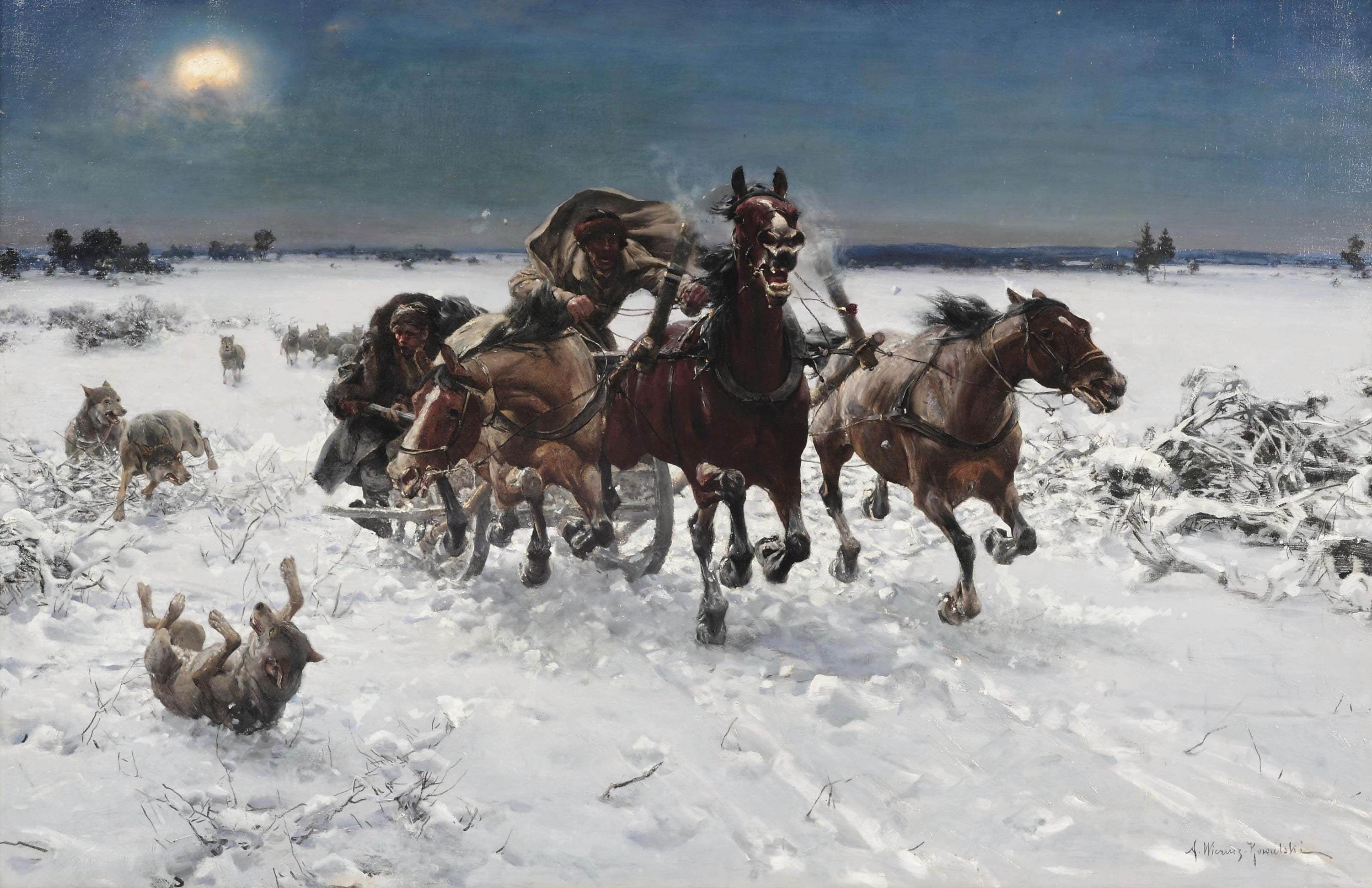 Troika pursued by wolves, Alfred Wierusz Kowalski print on Canvas, Brush strokes FOSHE ART