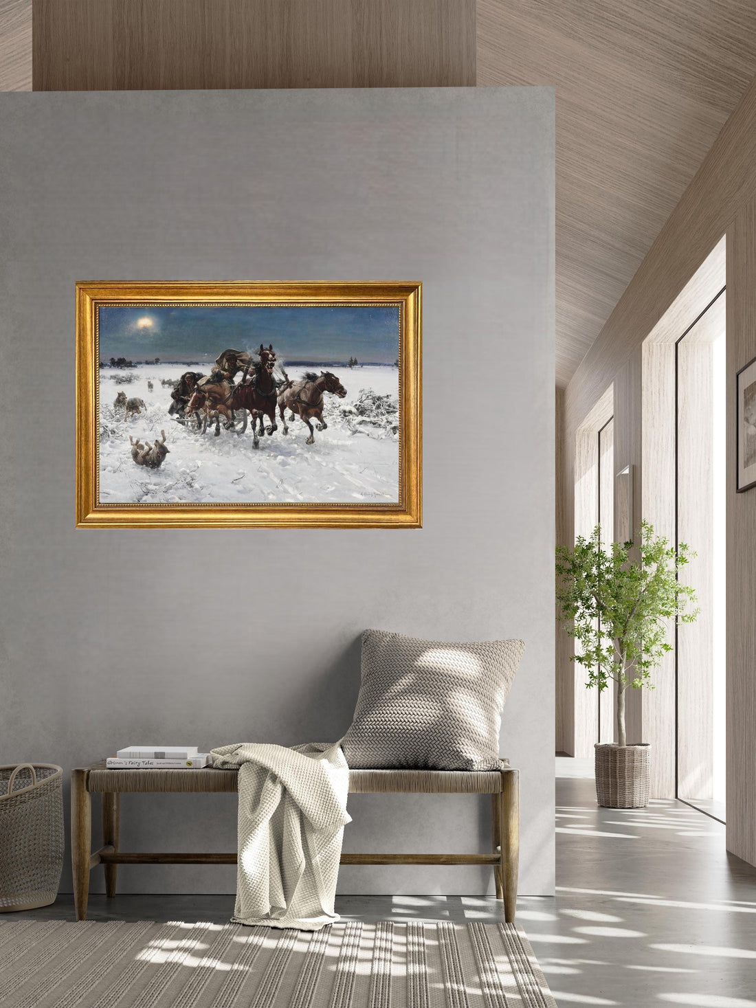 Troika pursued by wolves, A.W. Kowalski print on Canvas, Brush strokes and Vintage Gold Frame FOSHE ART
