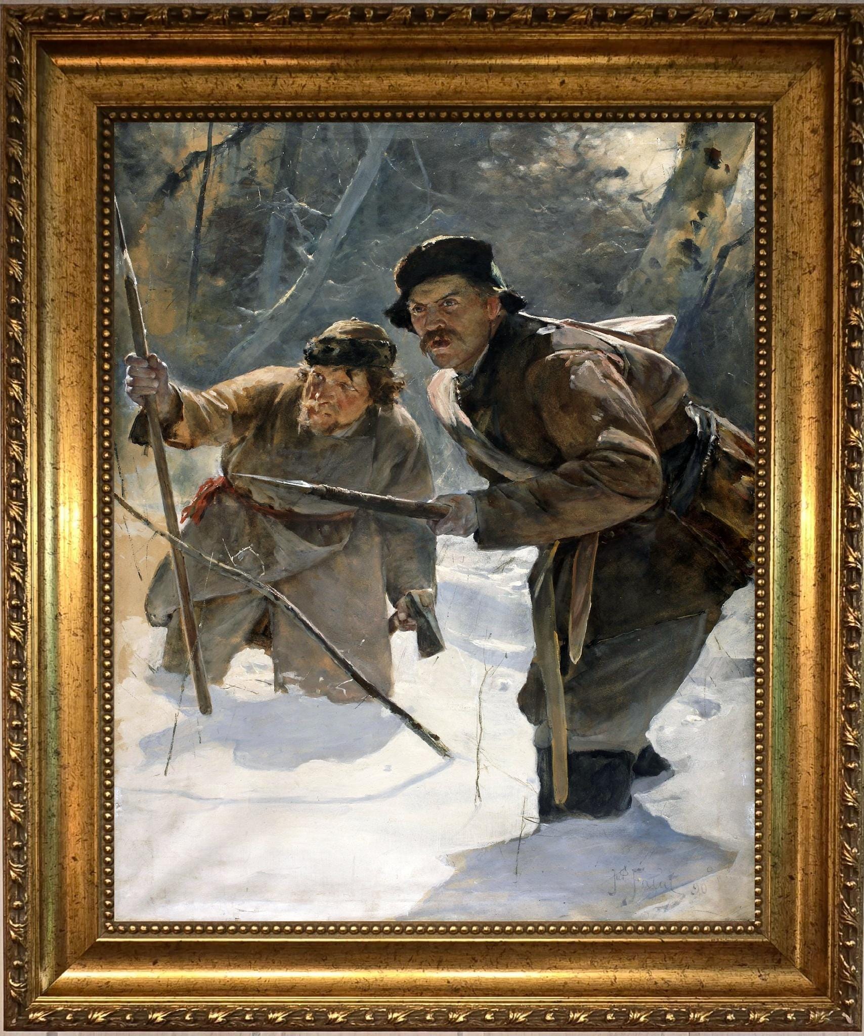 Julian Fałat Javelineers art print on Canvas, Brush strokes and Vintage Gold Frame FOSHE ART