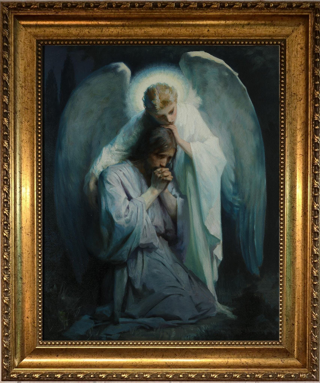 Angel and Jesus Gethsemene Art Print: Frans Schwartz, Vintage Golden Frame and Brush Strokes FOSHE ART