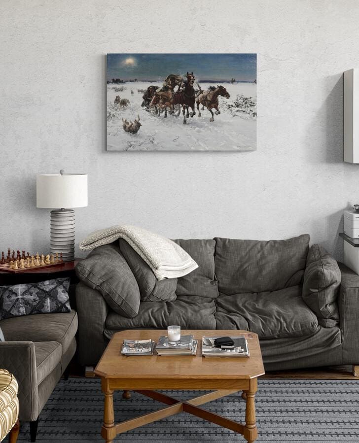 Troika pursued by wolves, Alfred Wierusz Kowalski print on Canvas, Brush strokes FOSHE ART