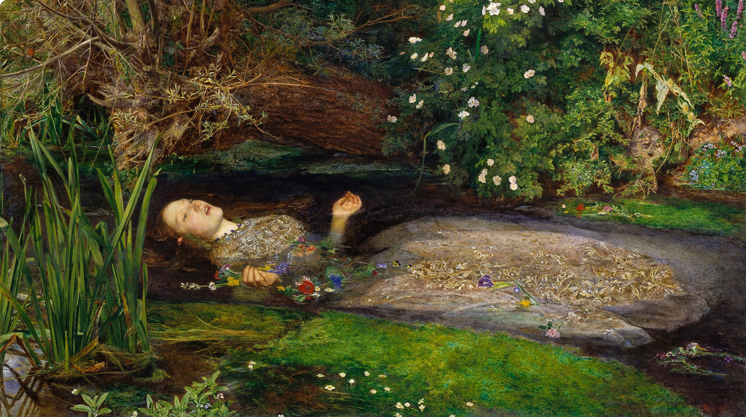 Ophelia by John Everett Millais | Pre-Raphaeli – Vintage Golden Frame and Brush Strokes FOSHE ART