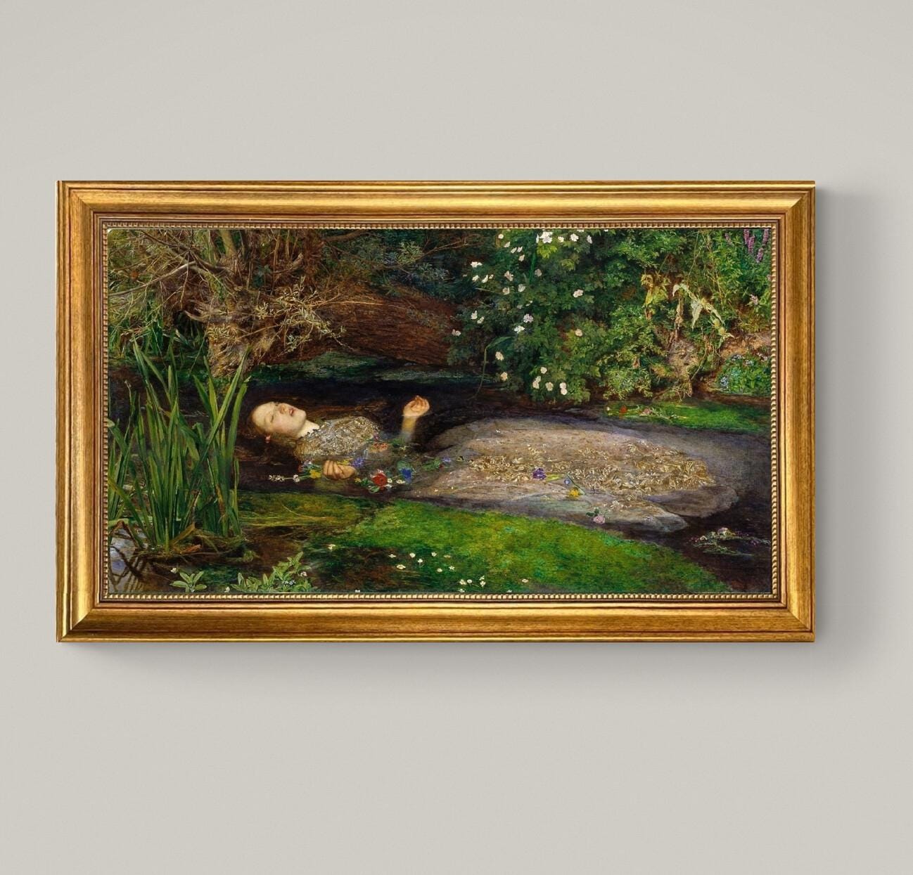 Ophelia by John Everett Millais | Pre-Raphaeli – Vintage Golden Frame and Brush Strokes FOSHE ART
