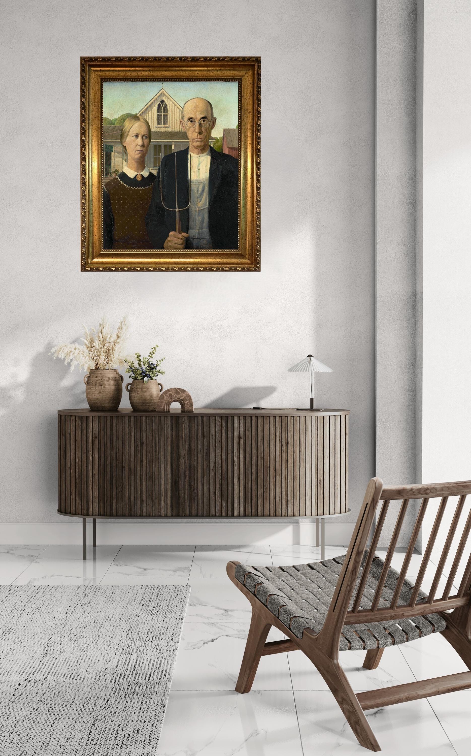 American Gothic Couple Canvas Print, Vintage Gold Frame, Hand-Applied Brush Strokes FOSHE ART