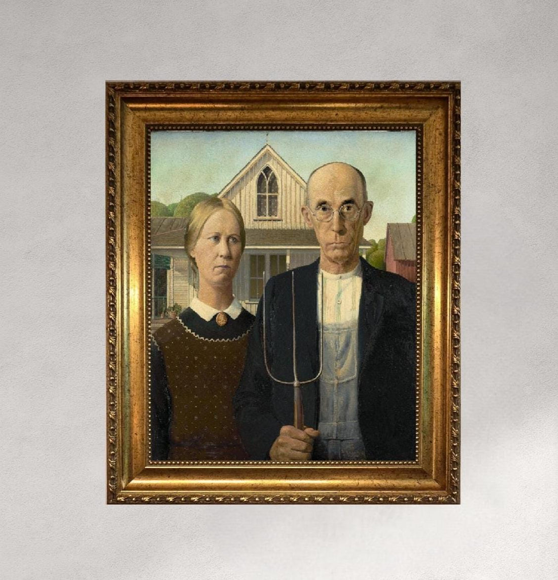 American Gothic Couple Canvas Print, Vintage Gold Frame, Hand-Applied Brush Strokes FOSHE ART
