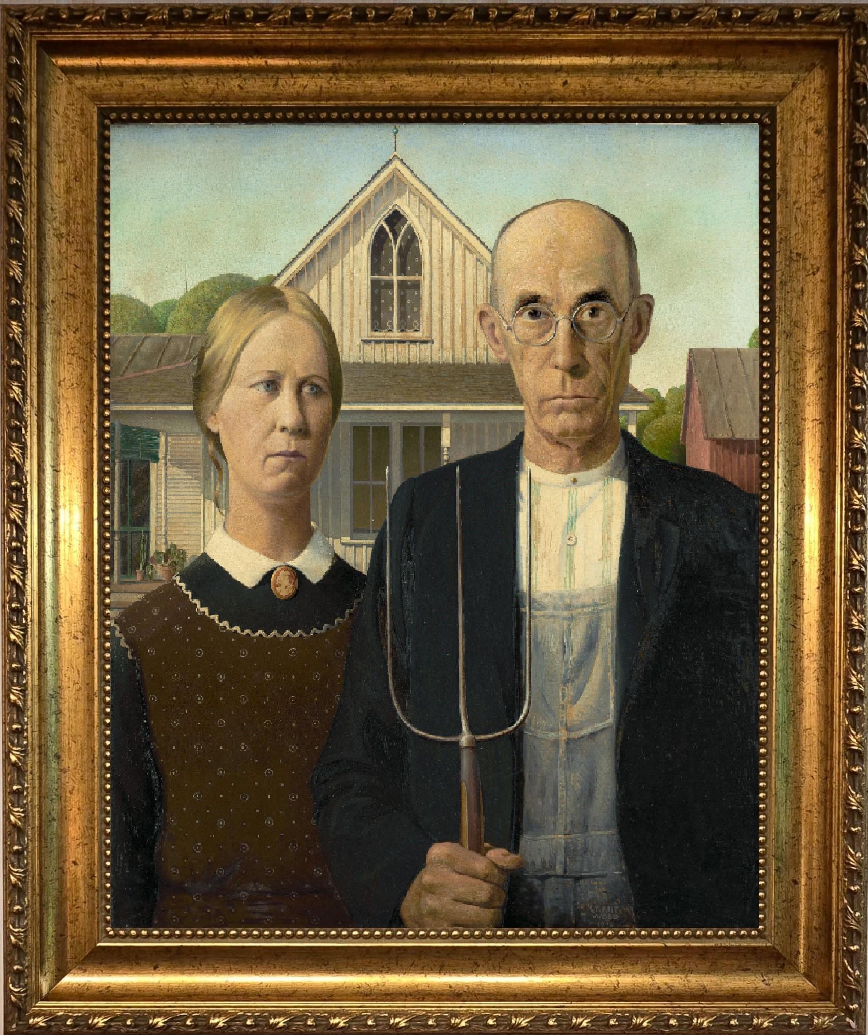 American Gothic Couple Canvas Print, Vintage Gold Frame, Hand-Applied Brush Strokes FOSHE ART