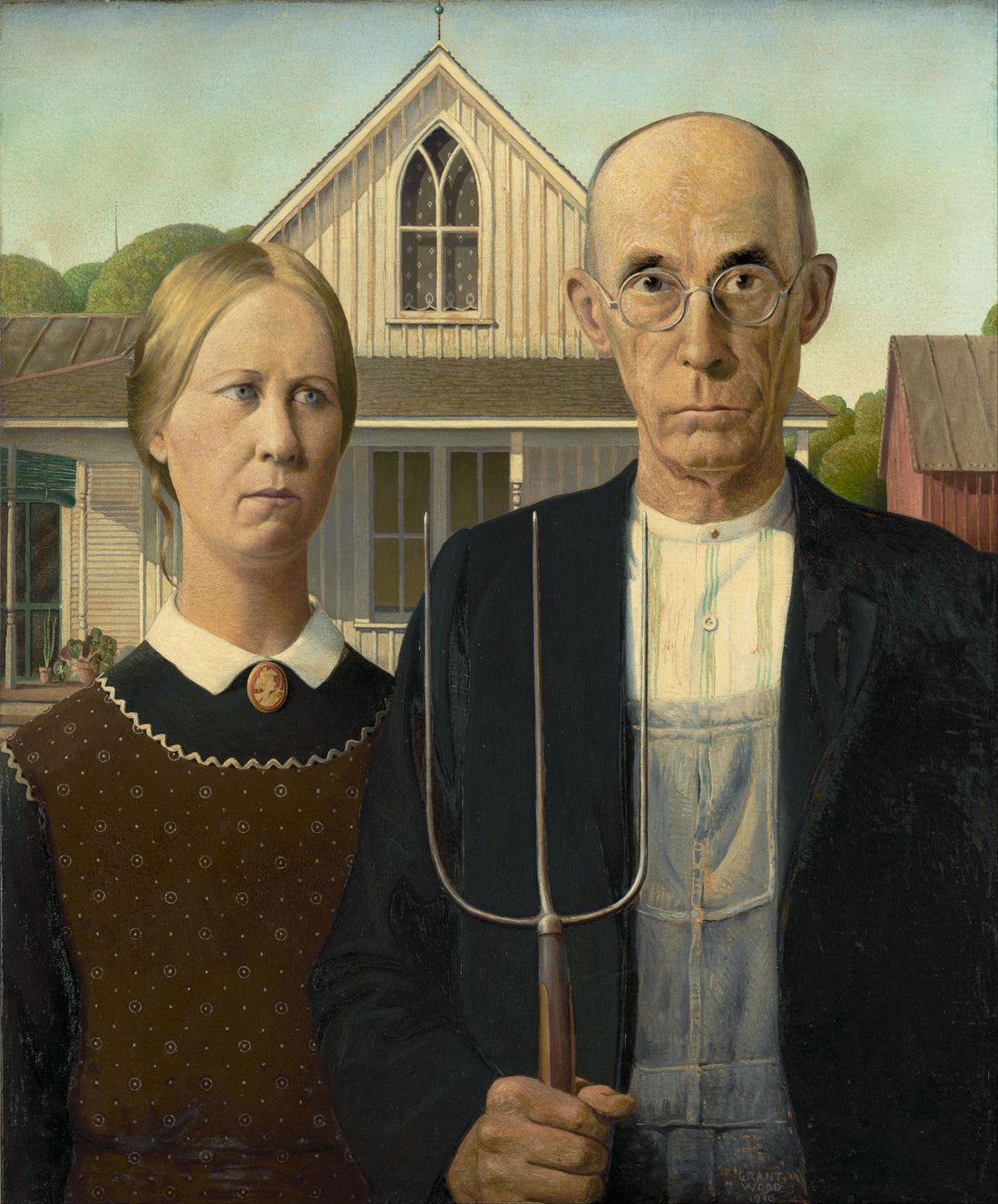 American Gothic Couple Canvas Print, Vintage Gold Frame, Hand-Applied Brush Strokes FOSHE ART