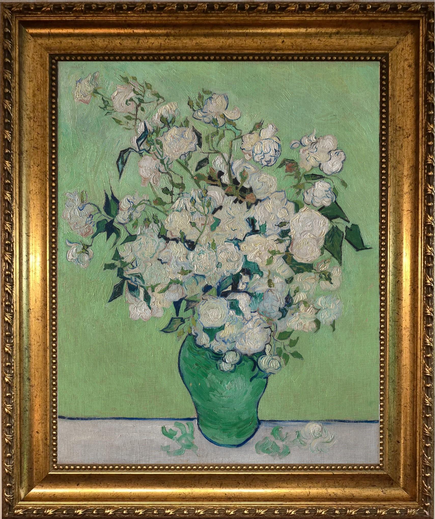 Van Gogh Roses Art Print on canvas with Vintage Golden Frame and Brush Strokes FOSHE ART