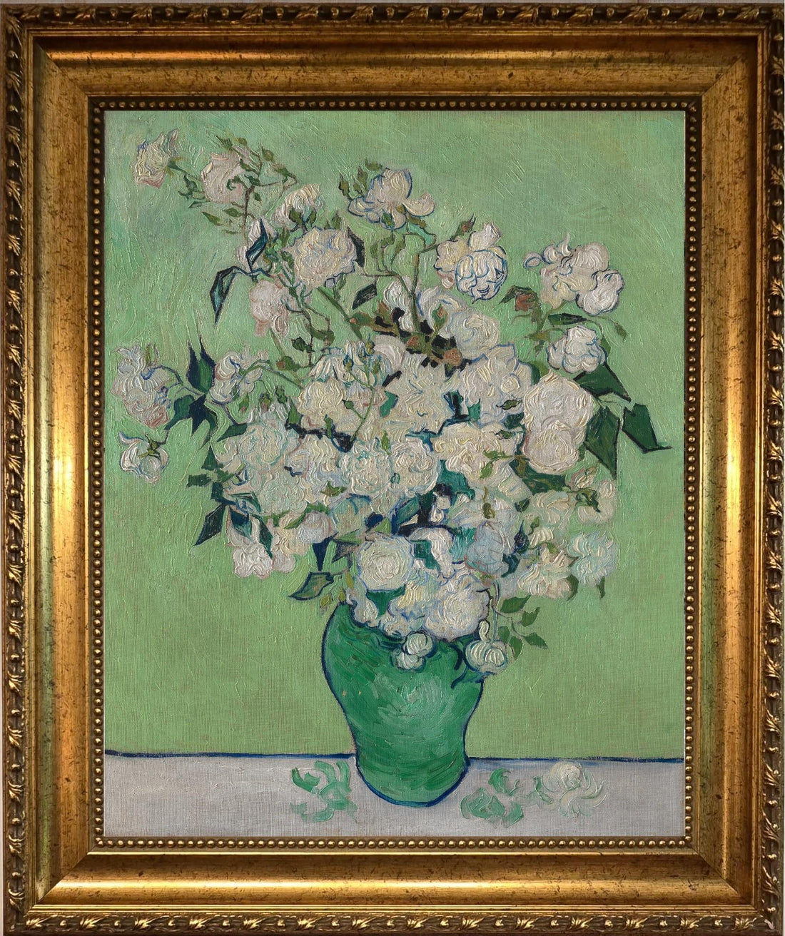 Van Gogh Roses Art Print on canvas with Vintage Golden Frame and Brush Strokes FOSHE ART