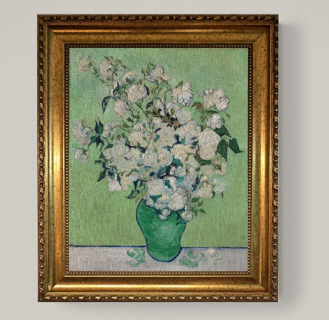 Van Gogh Roses Art Print on canvas with Vintage Golden Frame and Brush Strokes FOSHE ART