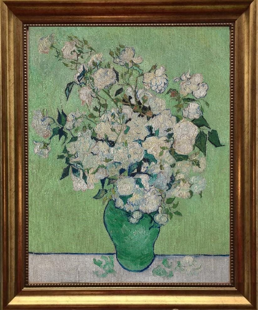 Van Gogh Roses Art Print on canvas with Vintage Golden Frame and Brush Strokes FOSHE ART