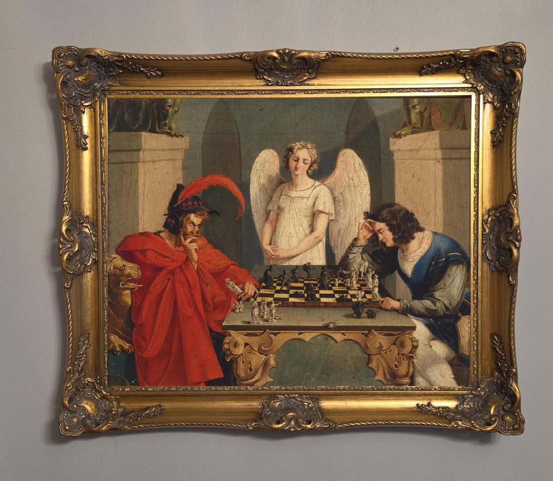Faust & Mephistopheles Playing Chess Art Print: Moritz Retzsch, Vintage Golden Frame and Brush Strokes FOSHE ART