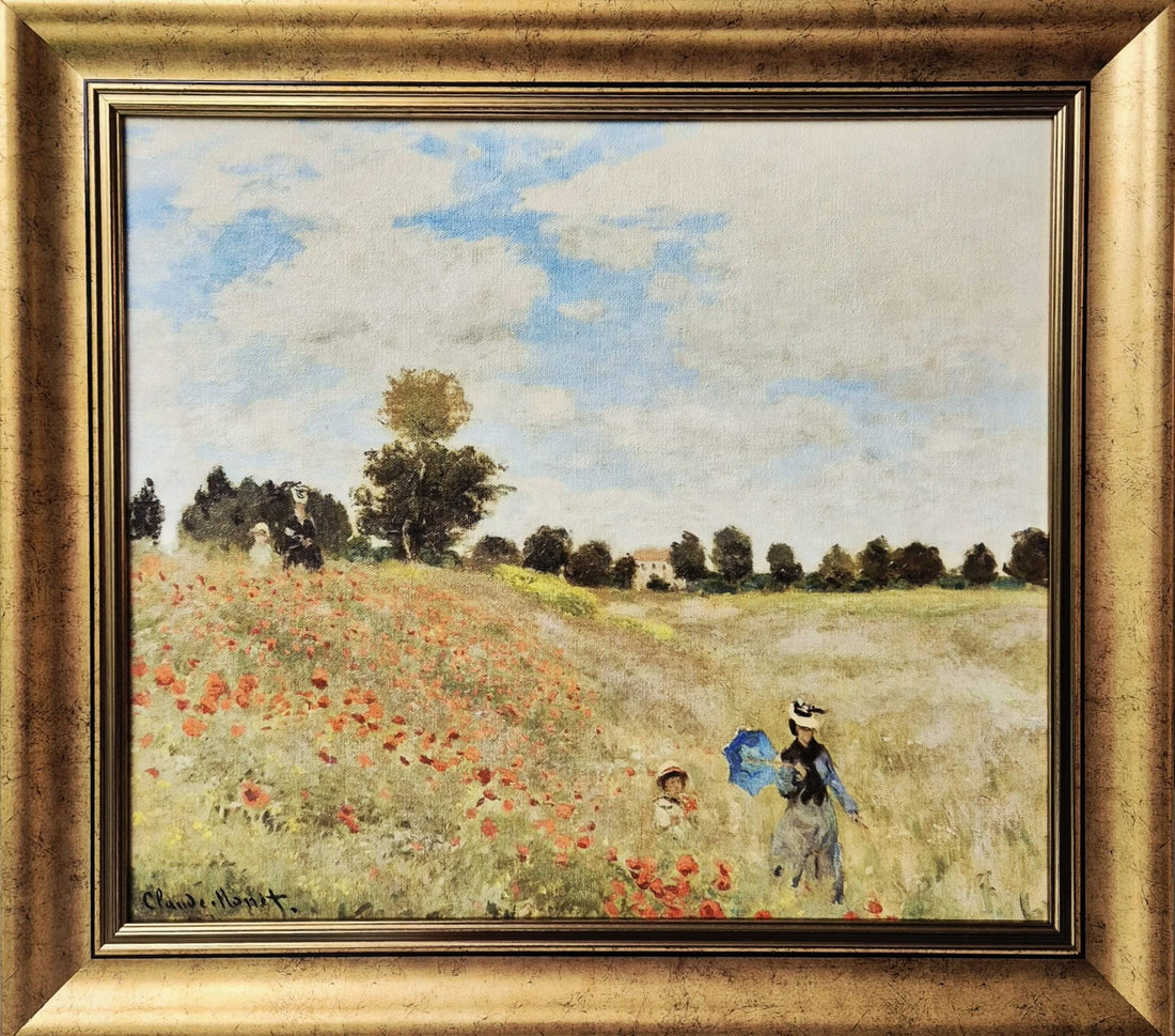 Monet Poppy Field Canvas Print: Vintage Gold Frame, Brush Stroke Texture FOSHE ART