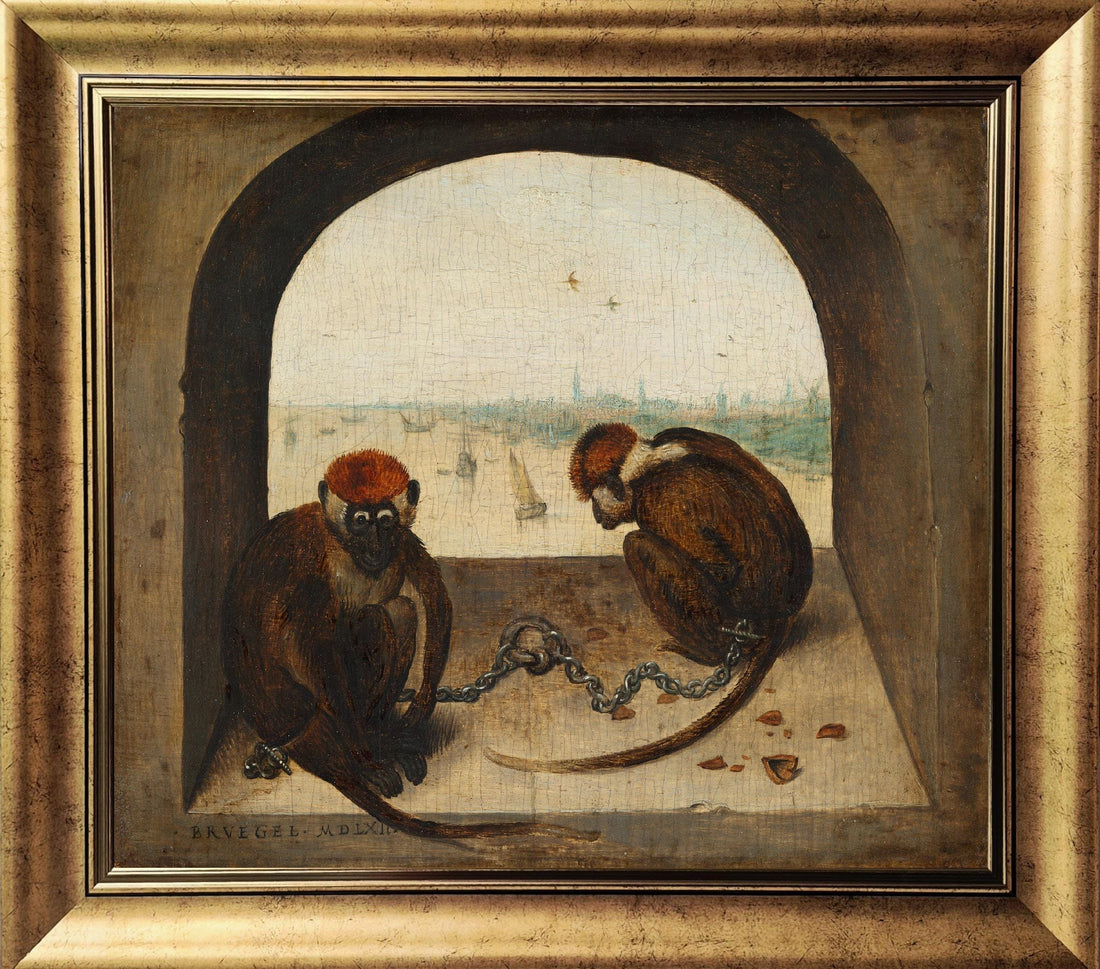 Two Monkeys by Bruegel Canvas Print: Vintage Gold Frame, Brush Stroke Texture FOSHE ART