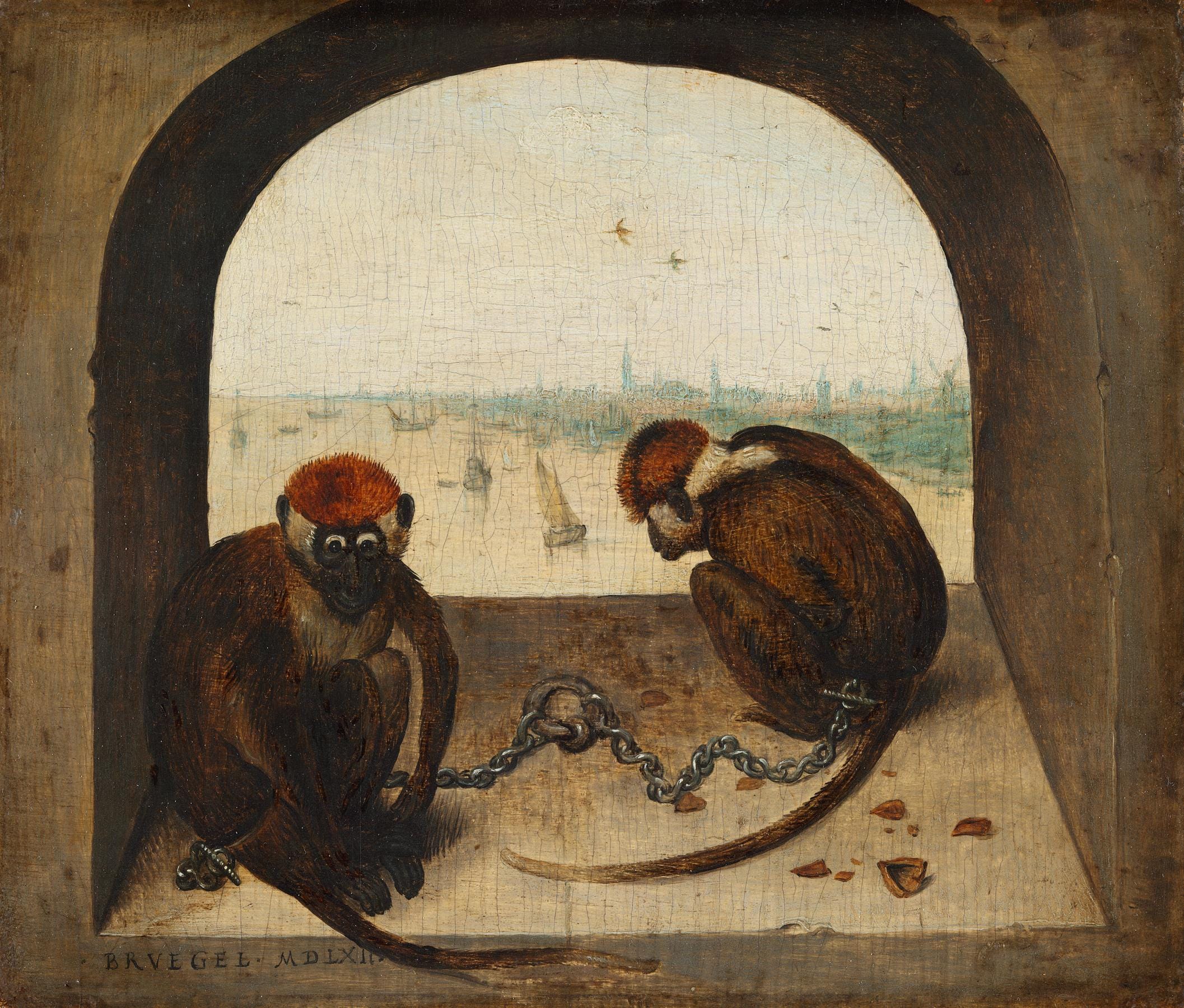 Two Monkeys by Bruegel Canvas Print: Vintage Gold Frame, Brush Stroke Texture FOSHE ART