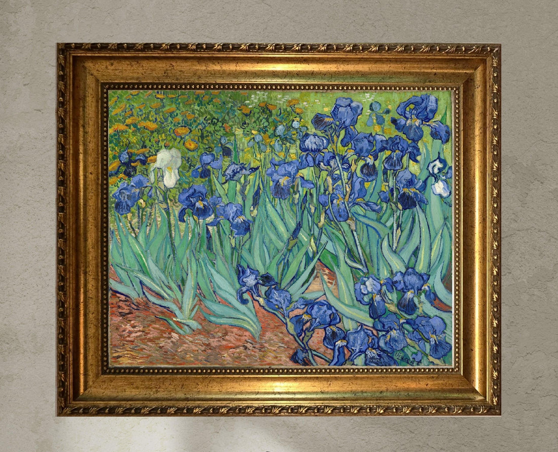 Van Gogh Irises Art Print on canvas with Vintage Golden Frame and Brush Strokes FOSHE ART