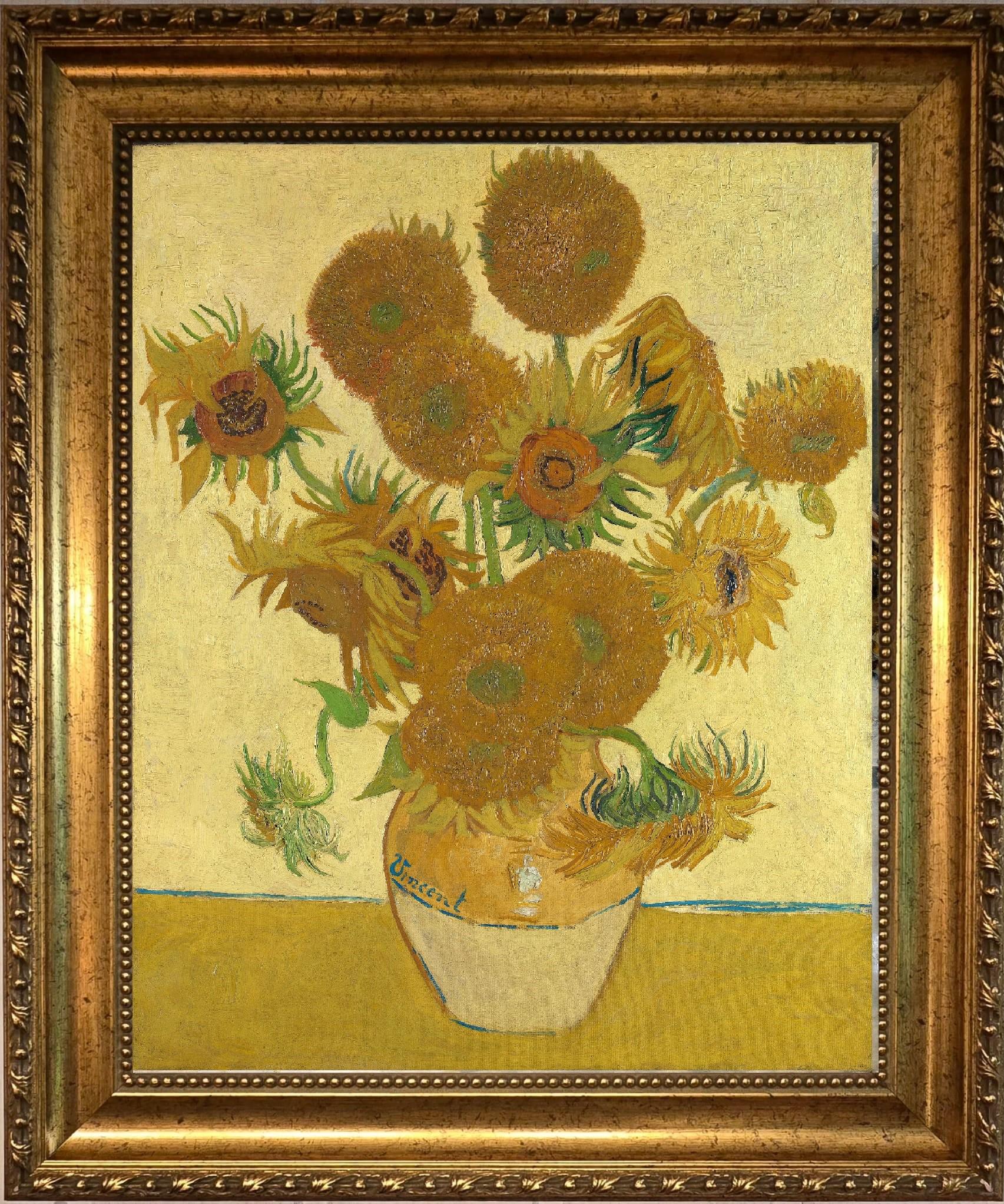 Sunflower painting by Van Gogh (1888), Canvas Print with Brush Strokes, Vintage Golden Frame FOSHE ART