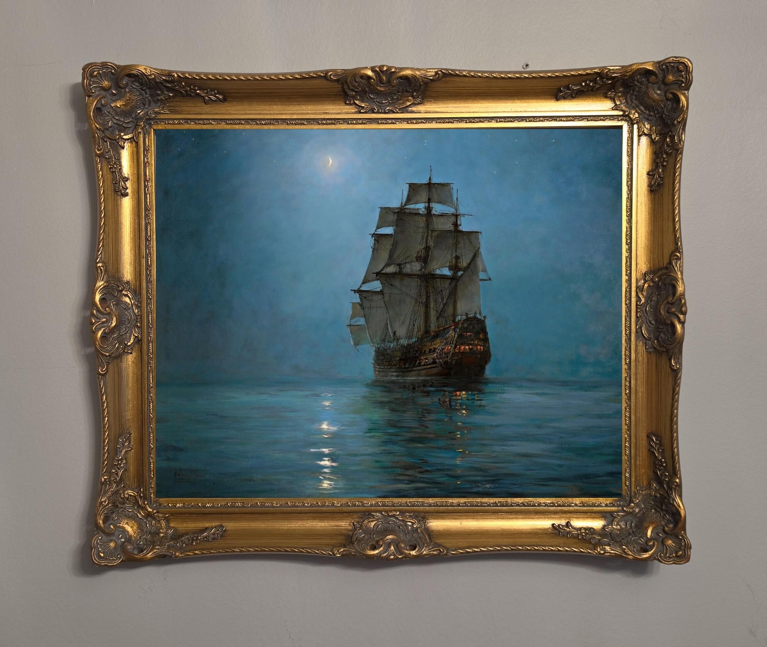Montague Dawson Crescent Moon Ship Painting, Vintage Framed Giclée Canvas Print FOSHE ART