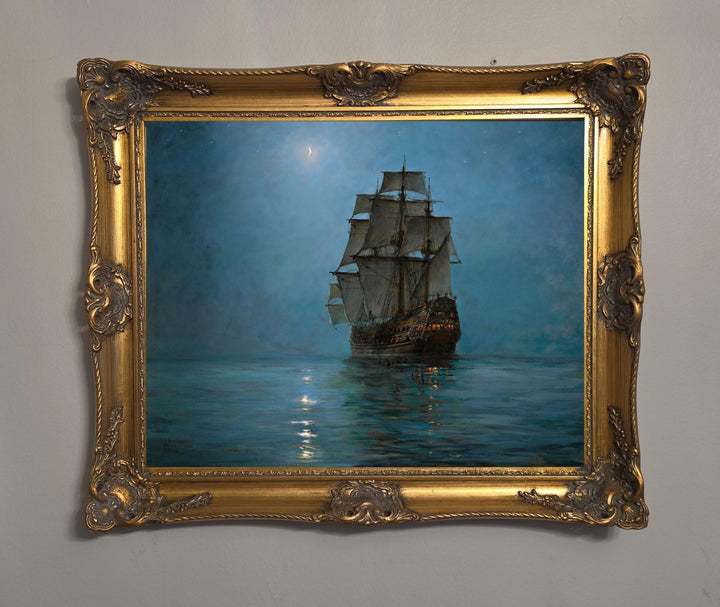 Montague Dawson Crescent Moon Ship Painting, Vintage Framed Giclée Canvas Print FOSHE ART