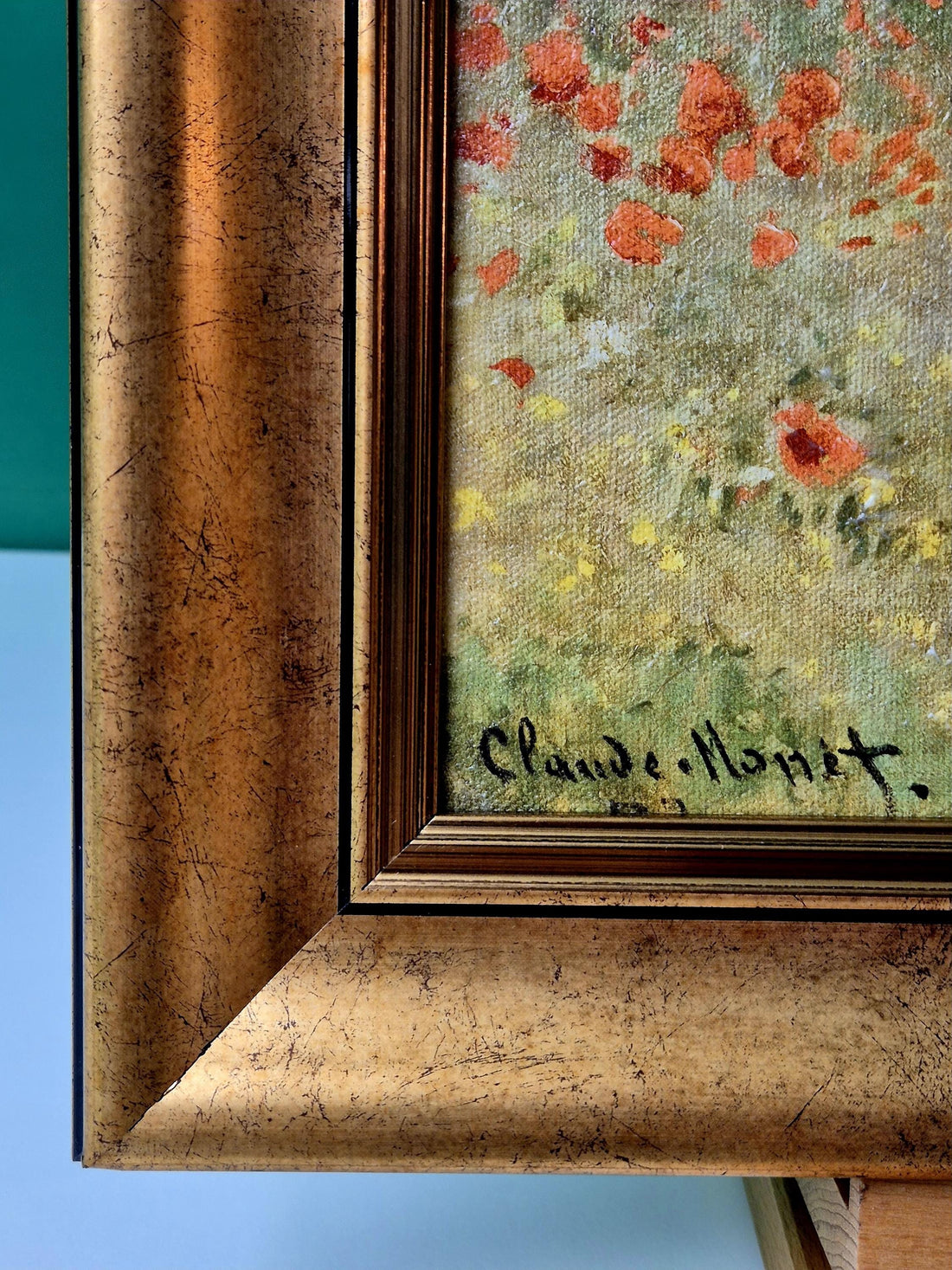 Monet Poppy Field Canvas Print: Vintage Gold Frame, Brush Stroke Texture FOSHE ART