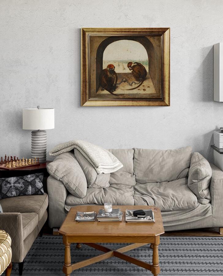 Two Monkeys by Bruegel Canvas Print: Vintage Gold Frame, Brush Stroke Texture FOSHE ART
