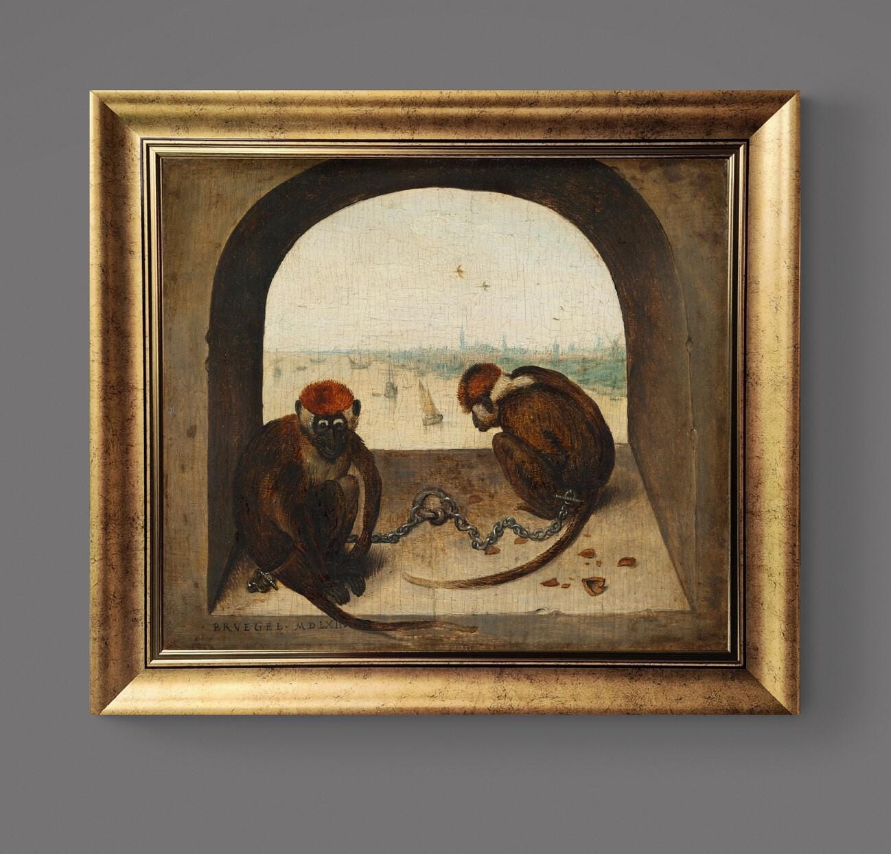 Two Monkeys by Bruegel Canvas Print: Vintage Gold Frame, Brush Stroke Texture FOSHE ART