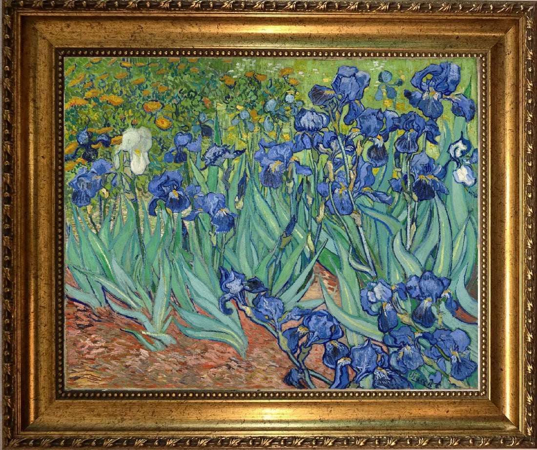 Van Gogh Irises Art Print on canvas with Vintage Golden Frame and Brush Strokes FOSHE ART